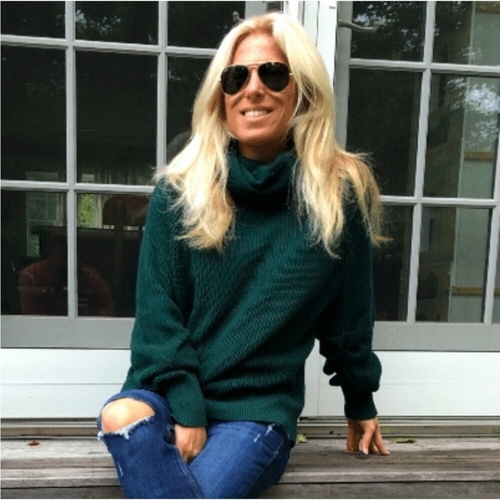 Cabi green‎ ruched sleeve chunky knit cowl neck sweater size Small #3532